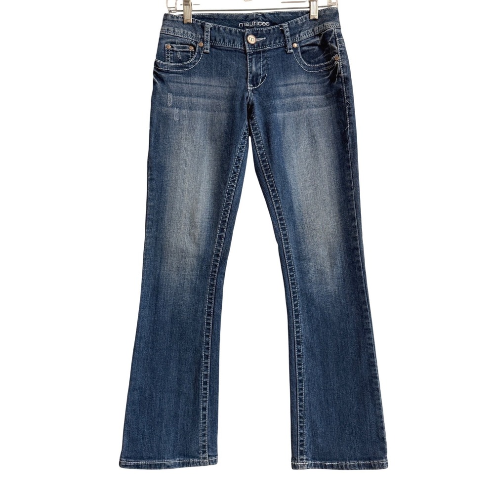 Maurices Womens Blue Bootcut Jeans Size 0 Short Medium Wash Embroidered Pockets